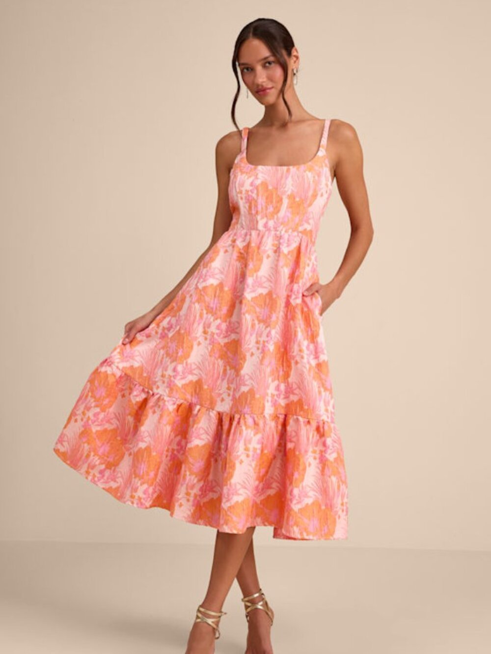 Lulus Avalie Pink Floral Jacquard Tiered Bustier Midi Dress - Size S